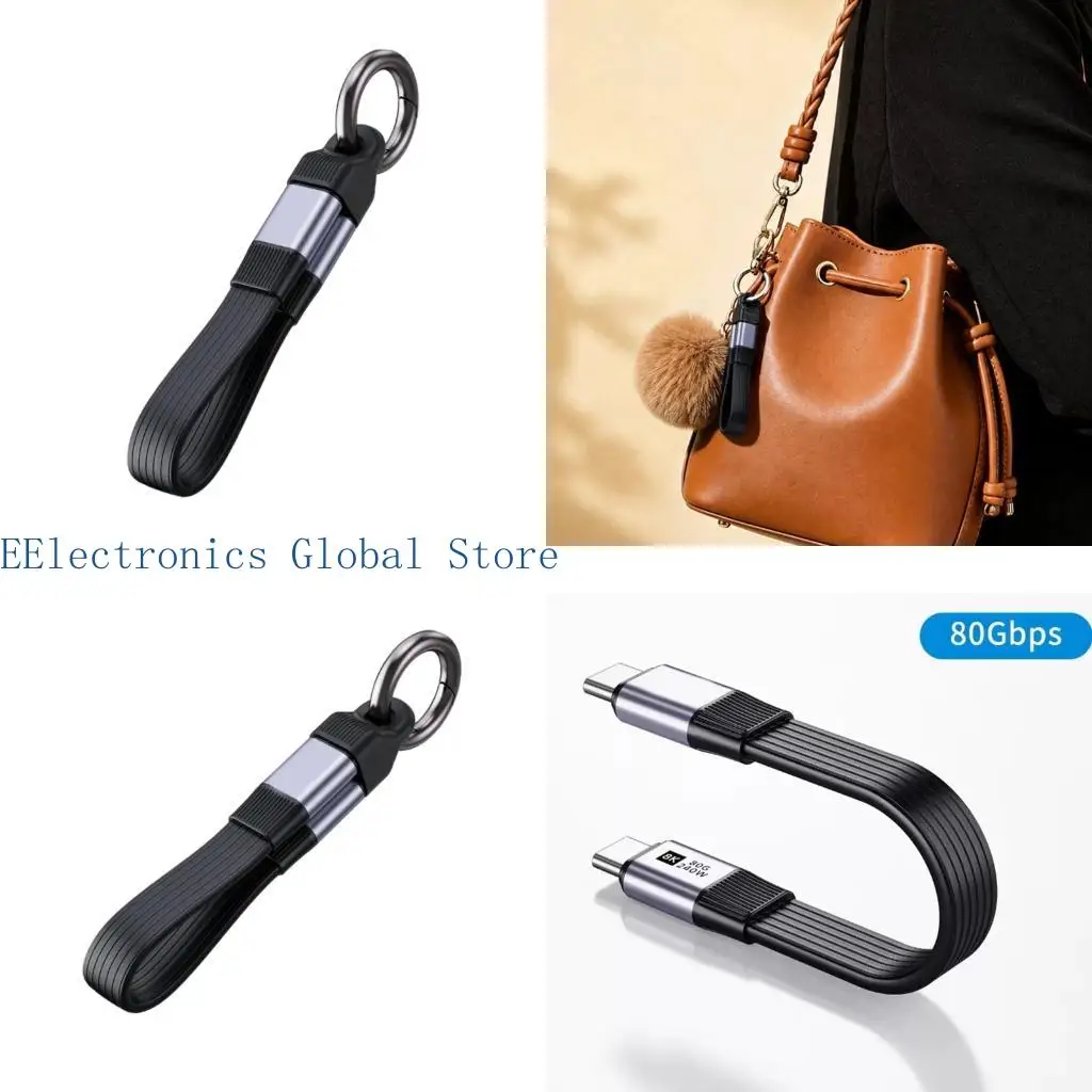 462B Travel USB C Cable, Type C 10Cm Flat Short Cable With Keyring Hook, PD240W Charging, 80Gbps Data and 8K 60Hz Video Support