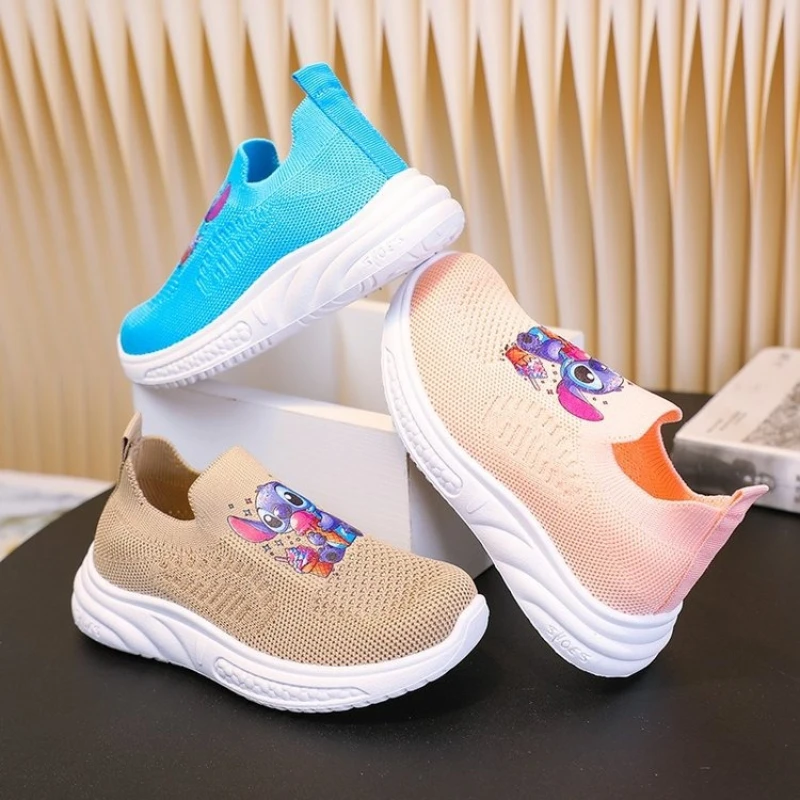 

Новая детская обувь с рисунком Диснея, вязаная сетка, дышащие детские повседневные кроссовки без шнуровки для девочек, нескользящая детская обувь для малышей