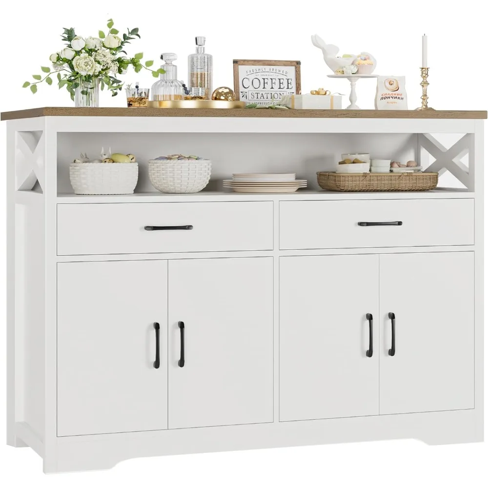 

47" Modern Farmhouse Sideboard Buffet Cabinet, Wood Buffet Storage Cabinet with Drawers & Shelves, Large Coffee Bar with Storag