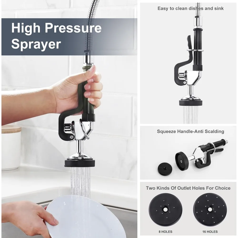 Commercial Kitchen Faucet with Single Hole Deck Mount and Pre-Rinse Sprayer, Including 10-Swing Add-on