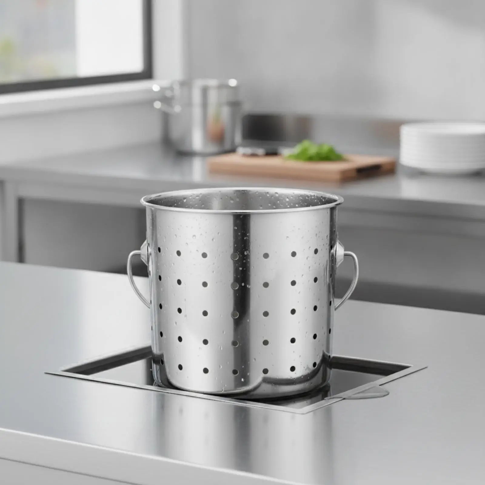 Heavy Duty Perforated Steel Bucket for Draining Pasta and Rinsing Produce with Attached Handles