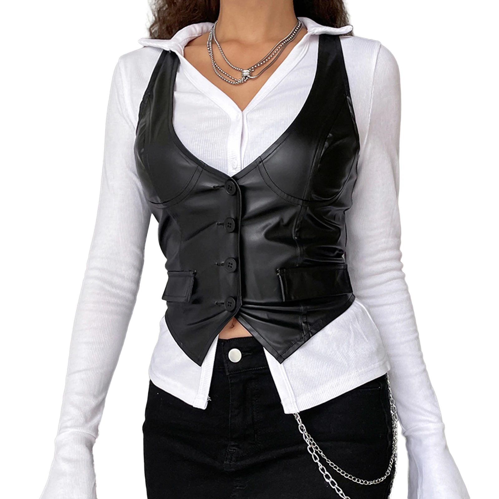 Fashion Women's Vest Leather V Neck Sleeveless Button Closure Design Slim Fit Breathable Versatile Tank Tops Streetwear