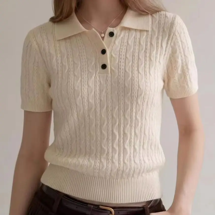 Fashion Casual Style Twist Cable Knit Polo Shirt Women Summer Short Sleeve Slim Fitted Shoulder Tops all-match Tops