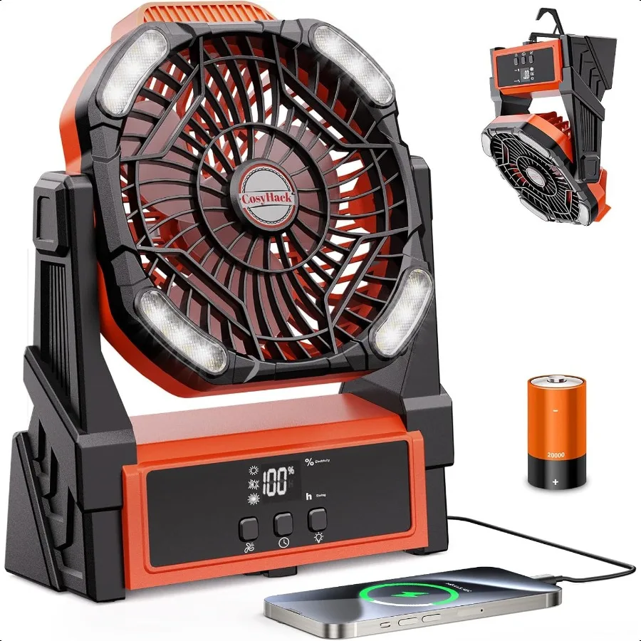 

Portable Camping Fan 20000mAh Rechargeable Battery Operated Fans with Lights Outdoor Beach Tent Fan 4 Speed Adjustable Brightn