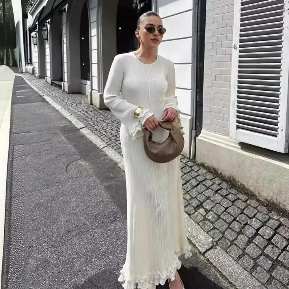 

Knitting Dress Elegant Lace-up Maxi Dress with Ruffle Trim Slim Fit Long-sleeve Skirt with Fungus Hem Back Ties for Women