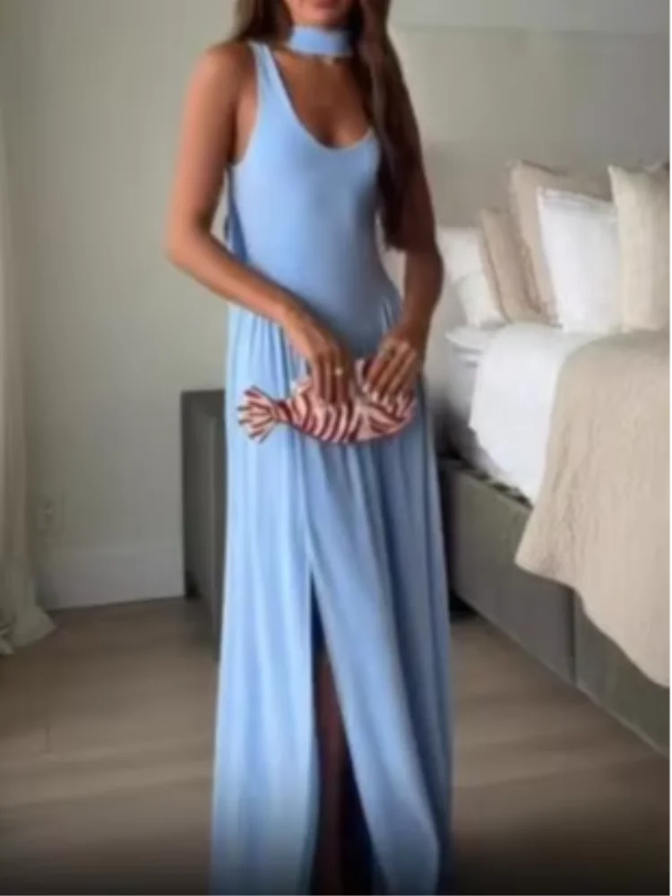 

Lady Light Blue Maxi Dress Scarf Collar Deep U Neck Ruched Waist High Thigh Slit Flowy Dresses Women Red Carpet Occasion Robes