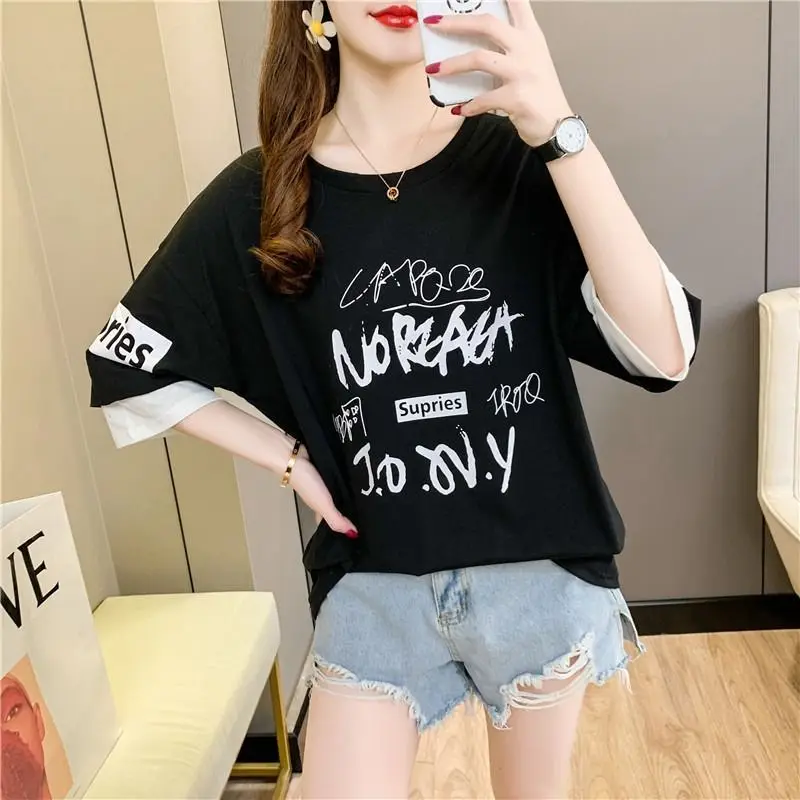 Fashion O-Neck Printed Spliced Fake Two Pieces T-Shirts Female Clothing 2024 Summer New Loose All-match Tops Casual Tee Shirt