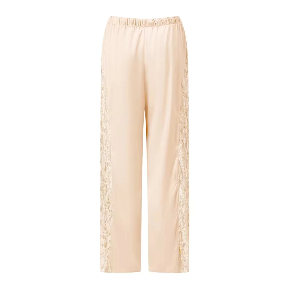 

Women's Satin Wide Leg Trousers Lace Patchwork High Waisted Drawstring Lounge Pants Elegant Loose Fit Bottoms