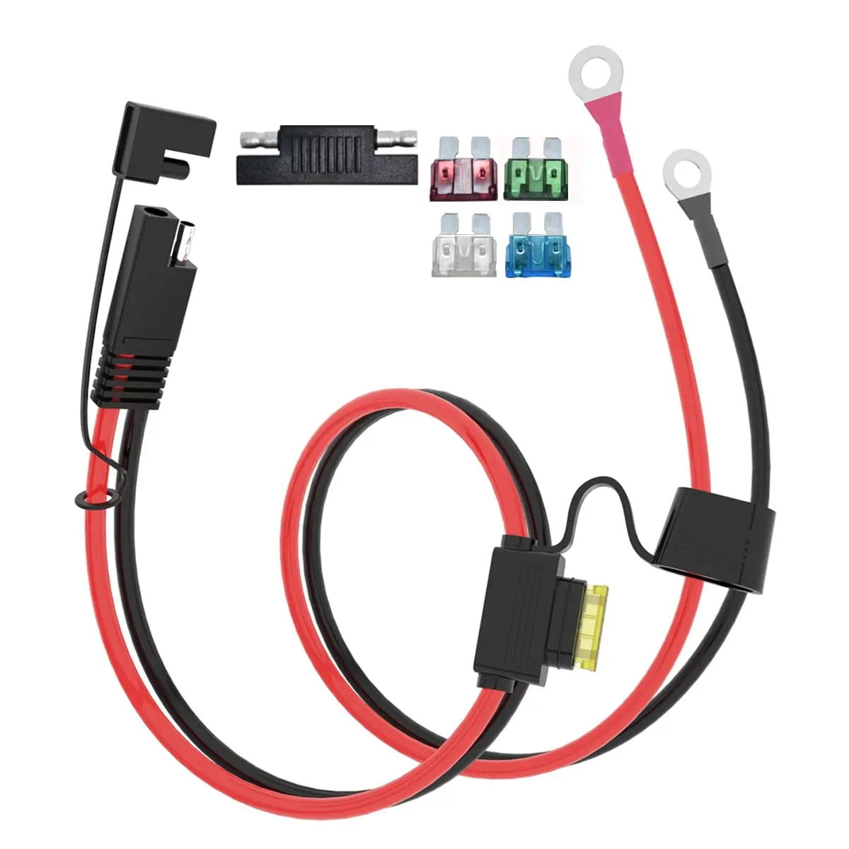 Cabo de Extensão de Conectores de Bateria SAE 2FT 10AWG com 5 Fusíveis, Compatível com Carregador de Bateria de Gerador Solar, SAE para O Ring