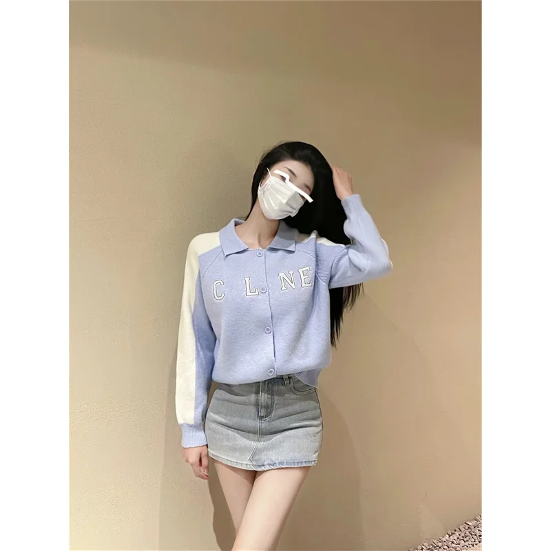 Women's Fashion New Blue Long Sleeves Lapel Knitted Sweater Temperament Comfortable Cardigan Versatile Autumn and Winter Coat