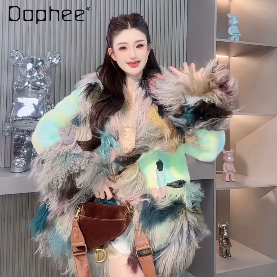 

2025 Autumn Winter New Colorful Wool Irregular Pattern Fashion Large Fur Collar Outerwear Faux Fur Coat Winter Coat Women