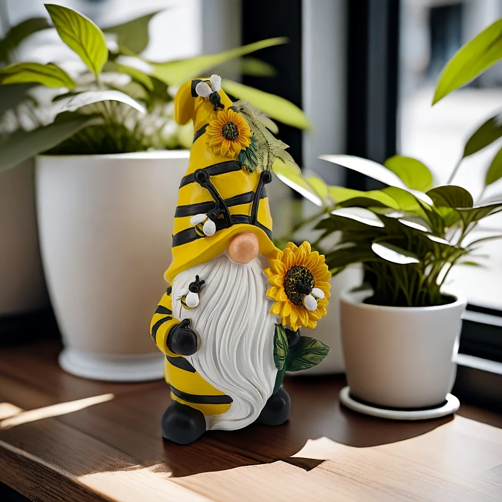 Solar Garden Gnome Statue Decor, Outdoor Garden Decor with Solar Bee Gnome Light, Garden resin dwarf bee sunflower statue light, for Courtyard Lawn Patio Porch Home Decoration