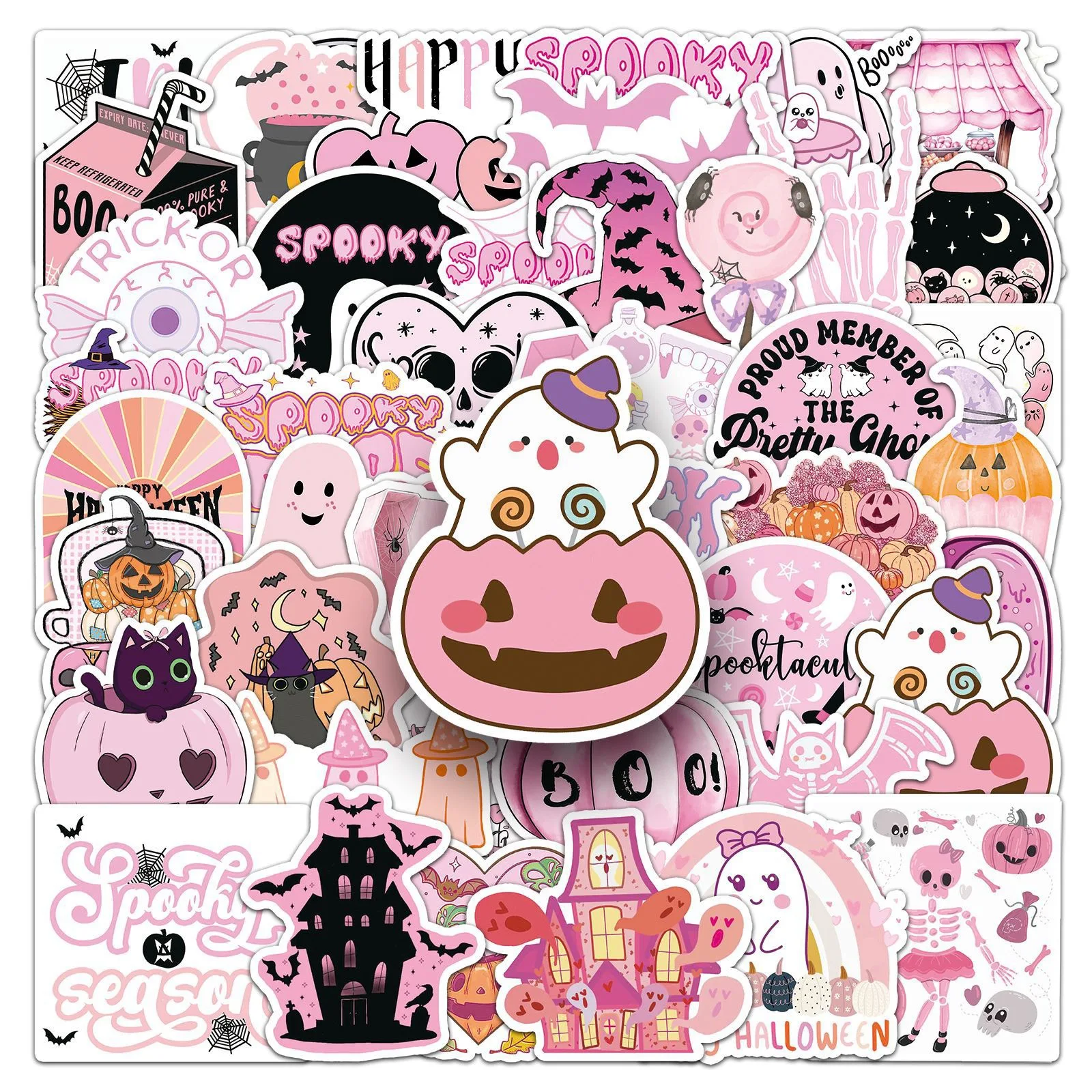 50Pcs Halloween Cute Spooky Cartoon Stickers Pumpkin Ghost Bat Decals for Kids Halloween Gifts Party Favors DIY Party Decoration