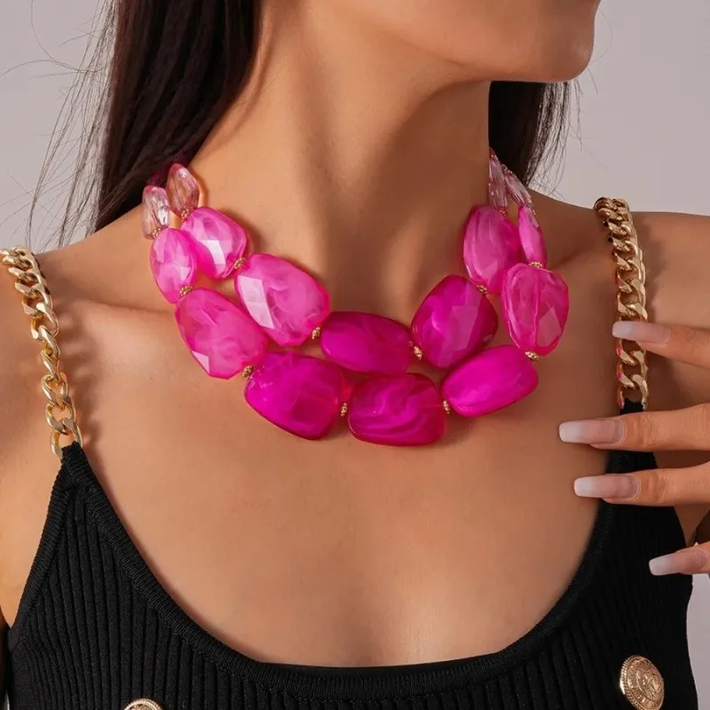 Facet-cut Chunky Acrylic Necklace Translucent-jelly Multi-hue Oversized Resin Strand Water Ripple Pattern Extender Chain