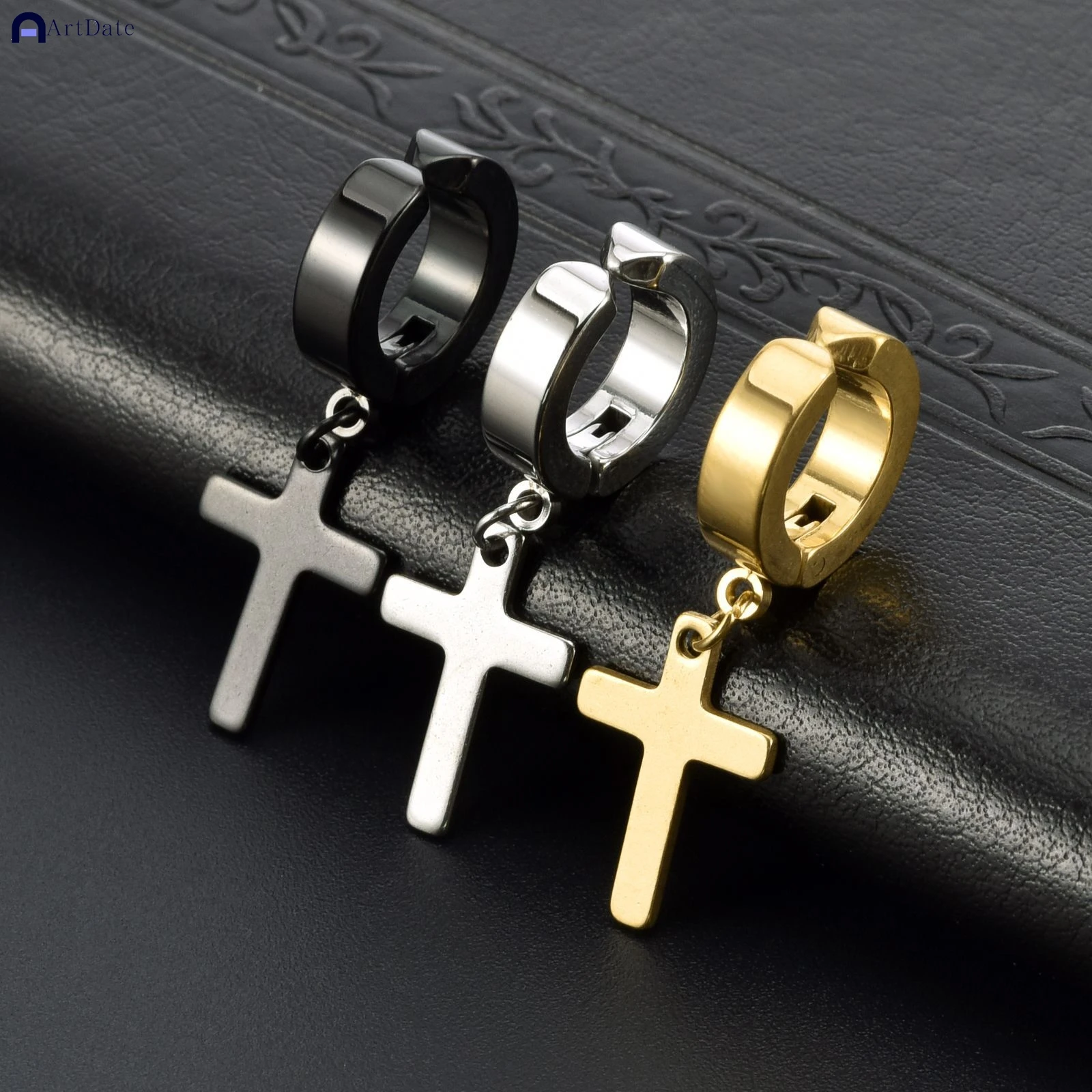 2pc Stainless Steel Men Cross Stars Punk Dangle Earrings Gothic Woman Cross Ear Hoop Earrings Huggies Pendant Piercing Jewelry
