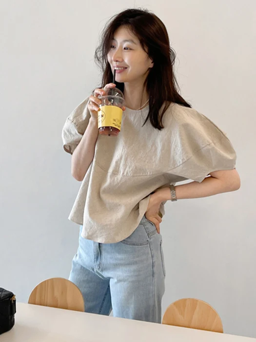 Cseta Fena de Aodão e Linho com Manga Curta Estilo Solto Manga Bufante Gola Redonda Cor Pura Verão Nova Chegada