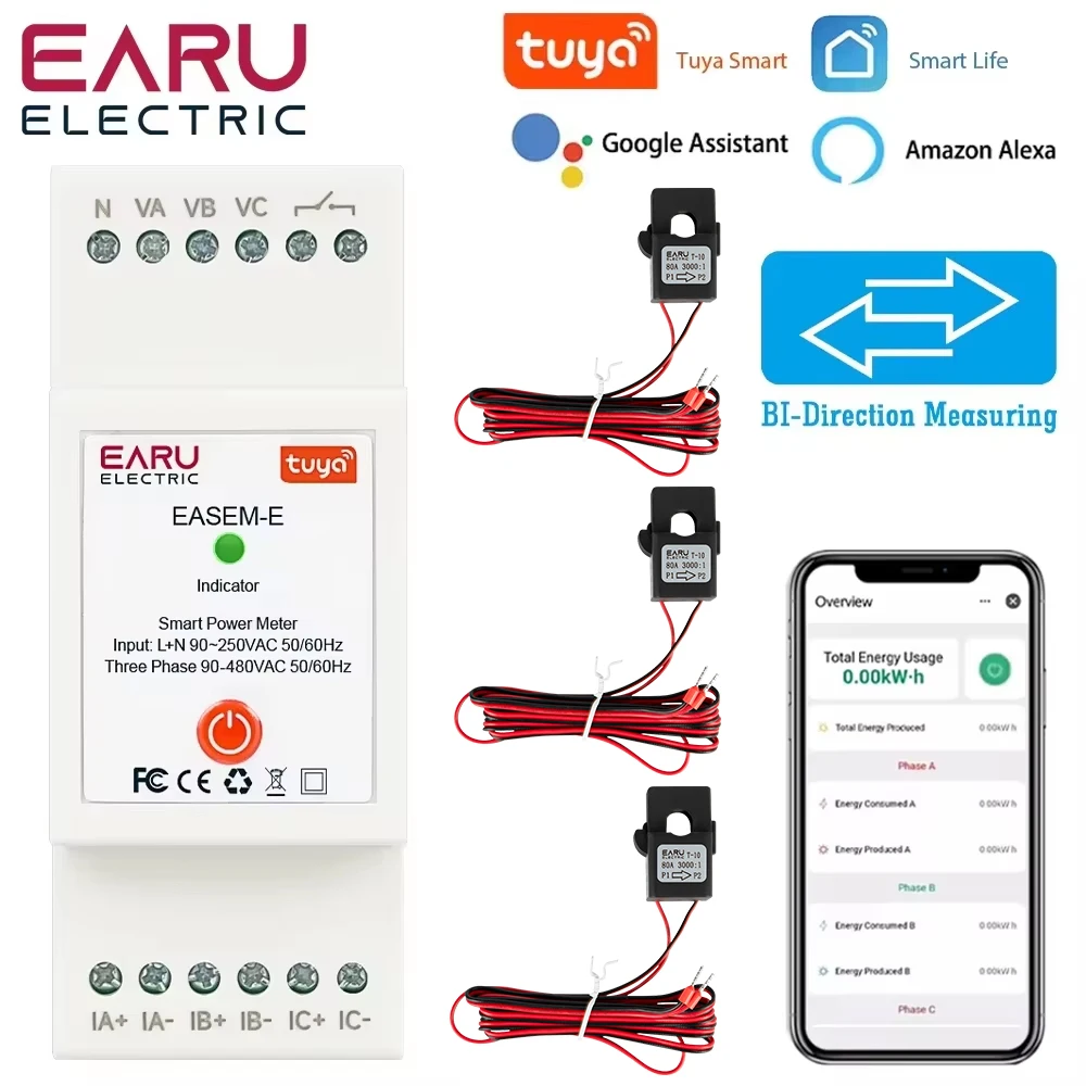 TUYA WiFi Smart Three Phase AC90-480V Bi-Directional Measurement Power Energy kWh Meter Monitor with 3PCS CT Clamps Switch Relay