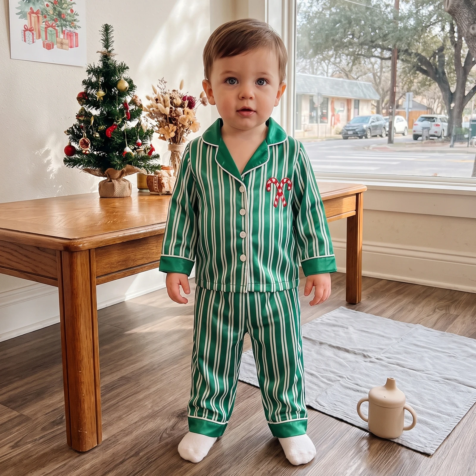 Toddler Christmas Pajamas Long Sleeve Santa Embroidery Shirt and Pants Set