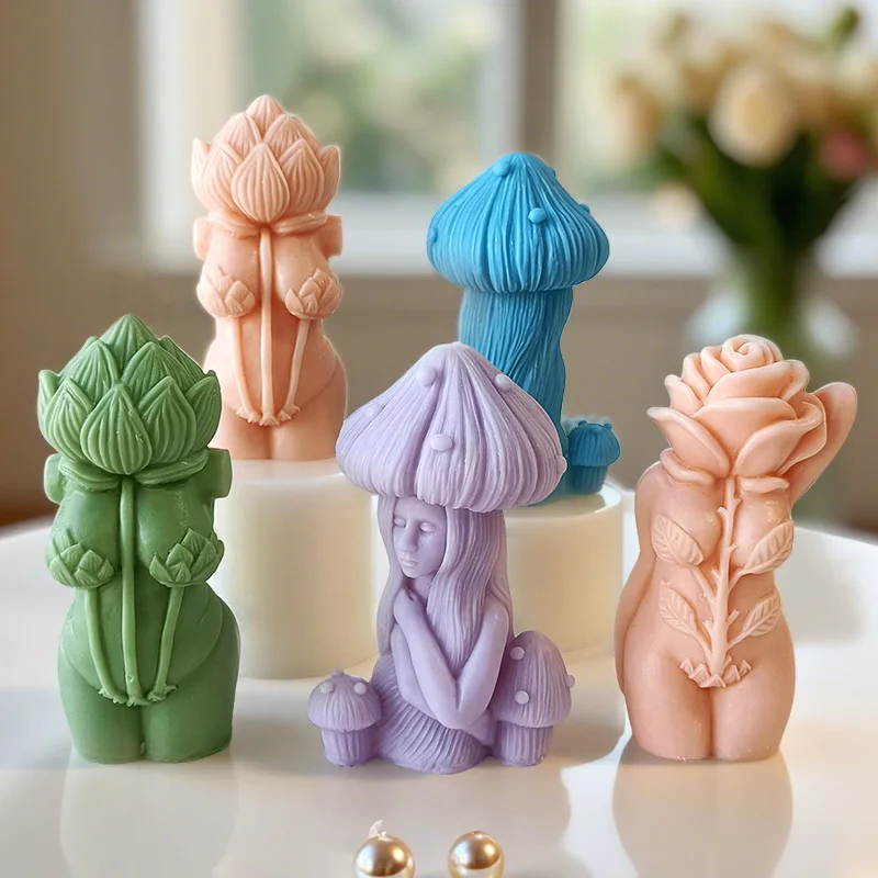 DIY Flower Human Body Silicone Candle Mold Mushroom Girl Aroma Plaster Resin Ornament Molds Handmade Soap Home Decor Craft Molds