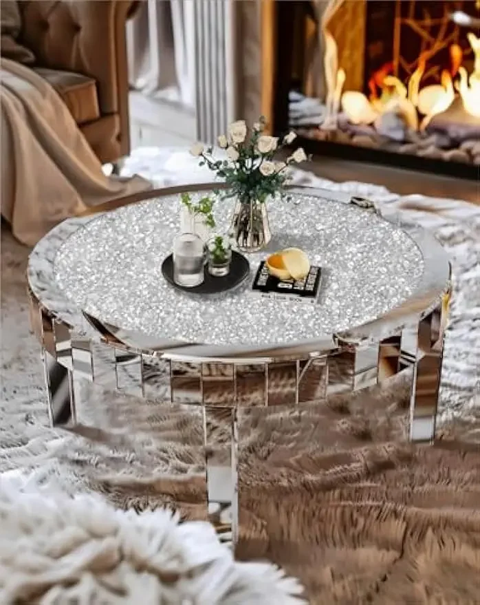 Round Mirrored Coffee Table: 31.5 inches Large Decorative Bling Crushed Diamond Tabletop with Silver Mirror Crystal Edge Frame