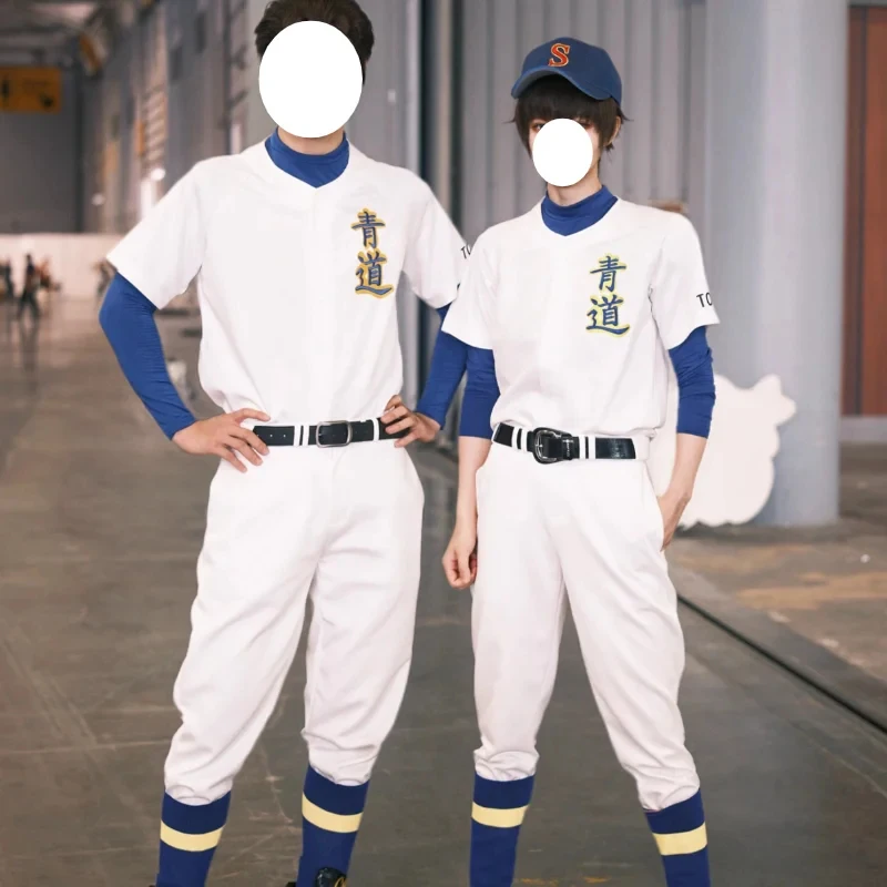 

Euro 7 Cos Ace of Diamond Cosplay Costume Sawamura Eijun Seidou High School Baseball Uniform Blue White Sportswear Cap Leg 【【【2
