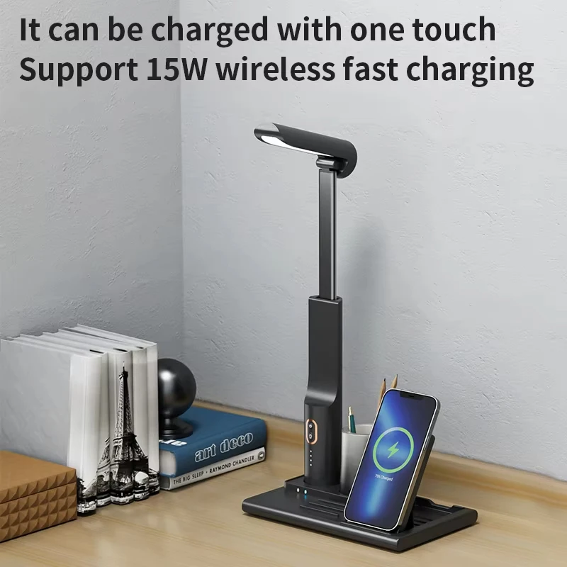 Desktop cell phone wireless fast charging folding stand organizer pen holder handheld retractable desk lamp multifunction wirele