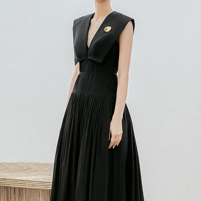 Vintage V Neck Dress Lady Sleeveless Elegant Pleated Clothing Women High Waist Sleeveless Summer Evening Vestido Luxury