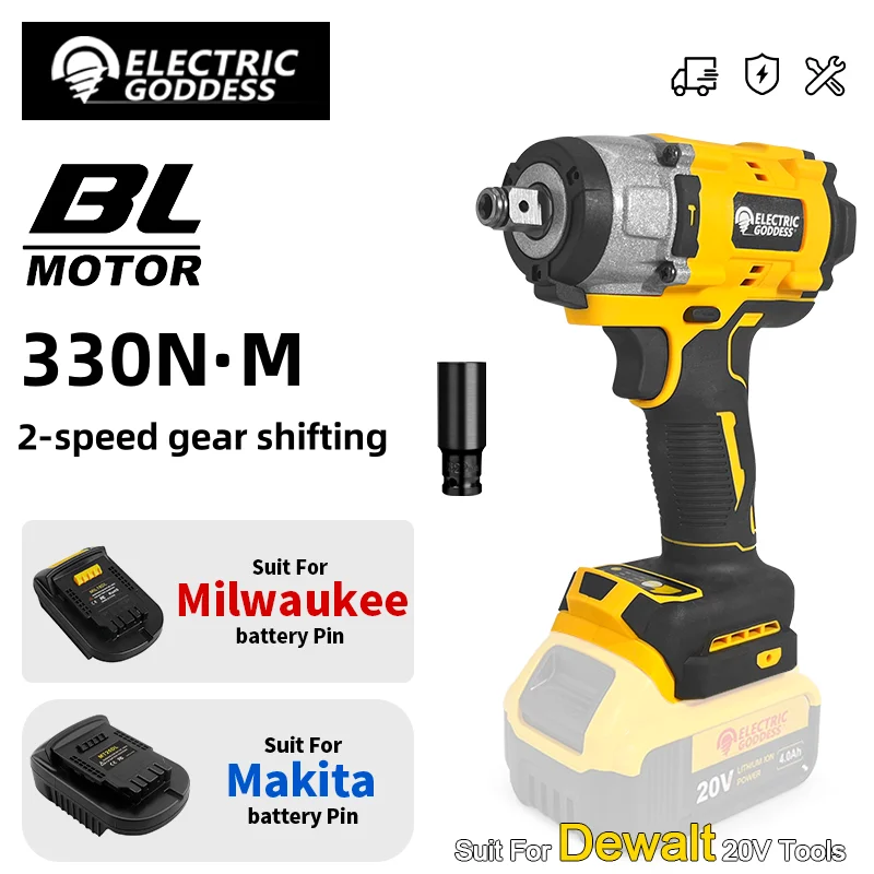 

Brushless 330nm Electric Wrench with Battery Adapter Convert for Dewalt 20v Battery Pin to Milwaukee/Makita 20/18v Battery Pins