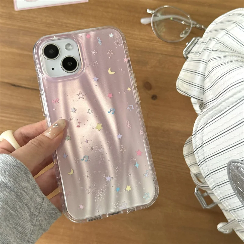 النيزك IND الوردي التدرج الموسيقى ستار القمر طبقة مزدوجة تموج جراب هاتف آيفون 11 12 13 14 15 16 برو ماكس