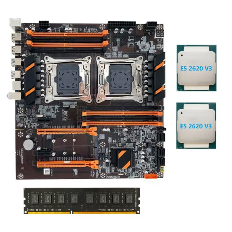 X99 Dual CPU Motherboard LGA2011 Support DDR4 ECC Memory Motherboard with 2XE5 2620 V3 CPU+DDR4 4GB 2133Mhz RAM