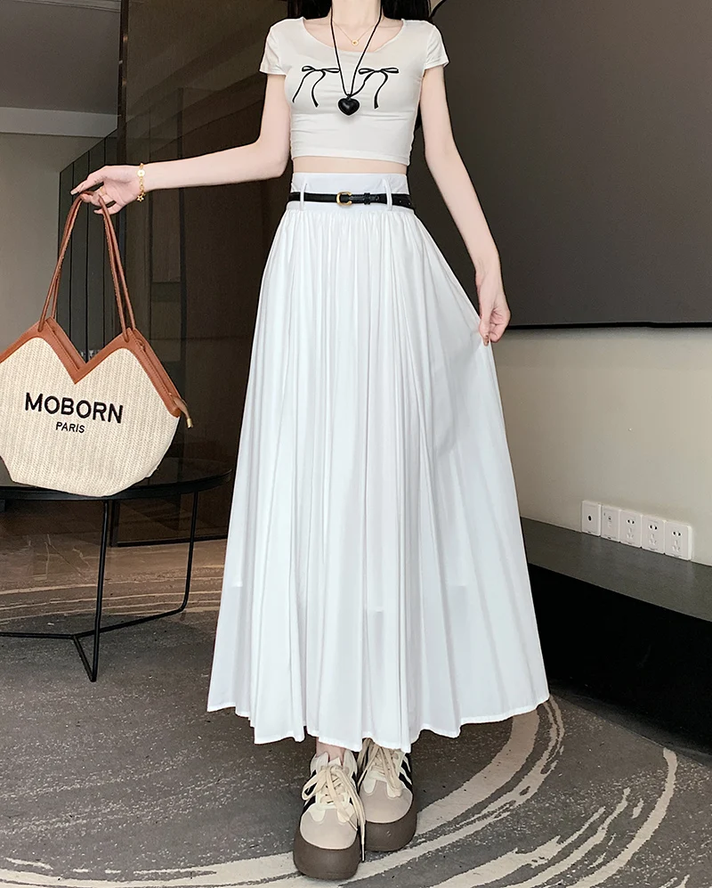 High Waist Pleated Skirt Women 2025 Spring Summer Solid Color A-line Slim Long Maxi Skirt Casual Streetwear