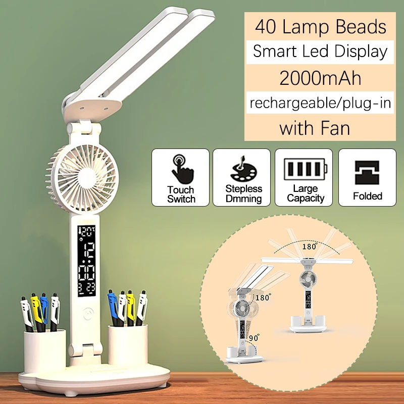 Touch Dimmable Folded LED Bedside Table Lamp Eye Protection Night Light Student Dormitory Temperature Calendar Display Desk Lamp