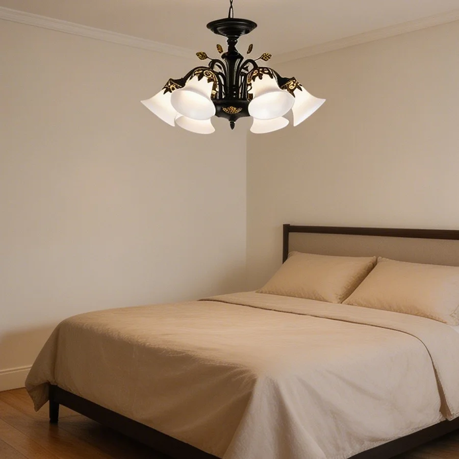 American-style chandelier, 3-speed dimmable chandelier, matte black and white glass, suitable for bedrooms or living rooms