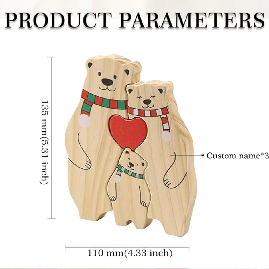 Christmas Winter New Personalized Wooden Bear Custom Family Name Puzzle Sculpture Unique Wooden Decor For Mom Dad Mother's Day
