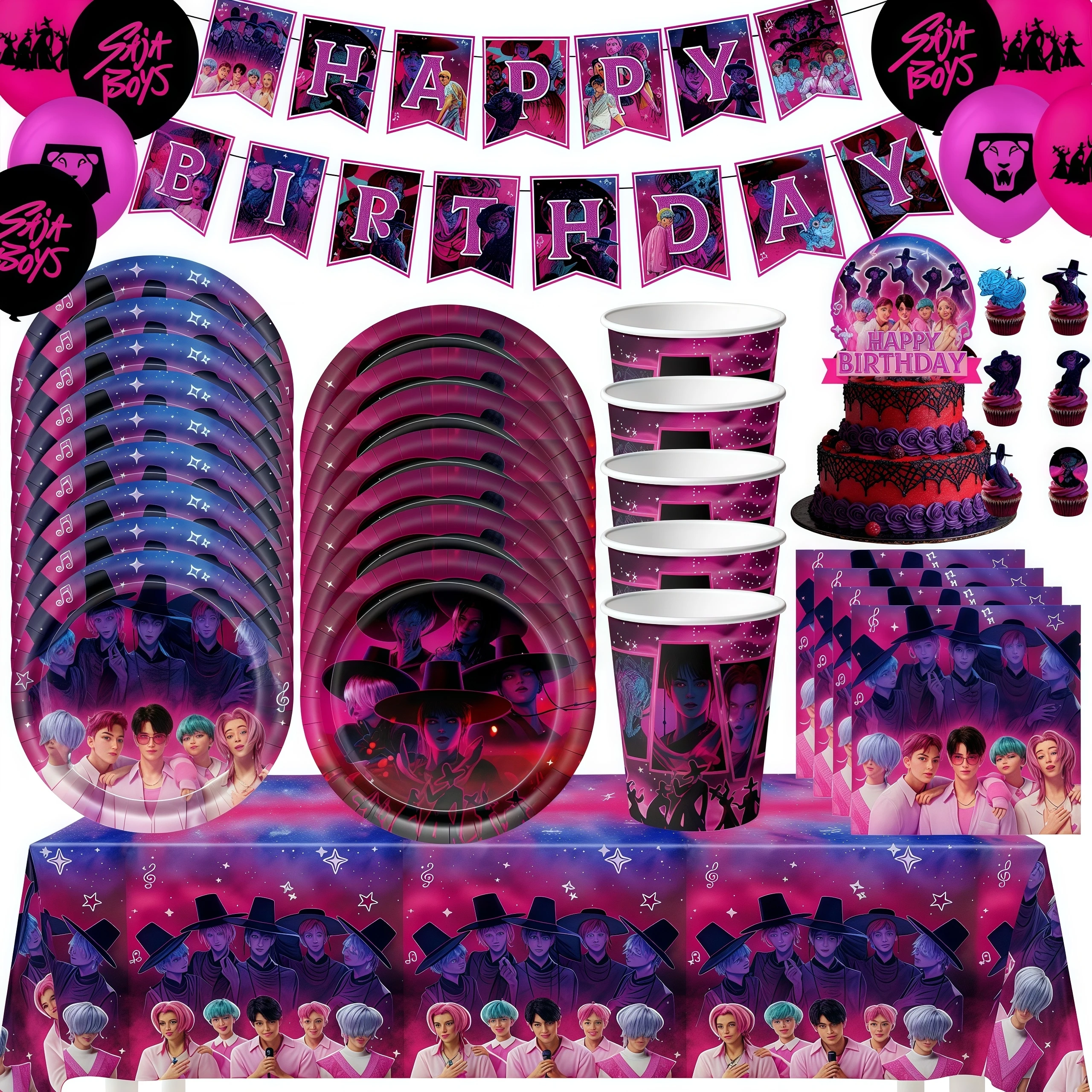 مجموعة أدوات المائدة لتزيين حفلات أعياد الميلاد من Idol Saja Boys، لافتة بالون مناديل للأطفال، هدية لوازم الحفلات، ديكور