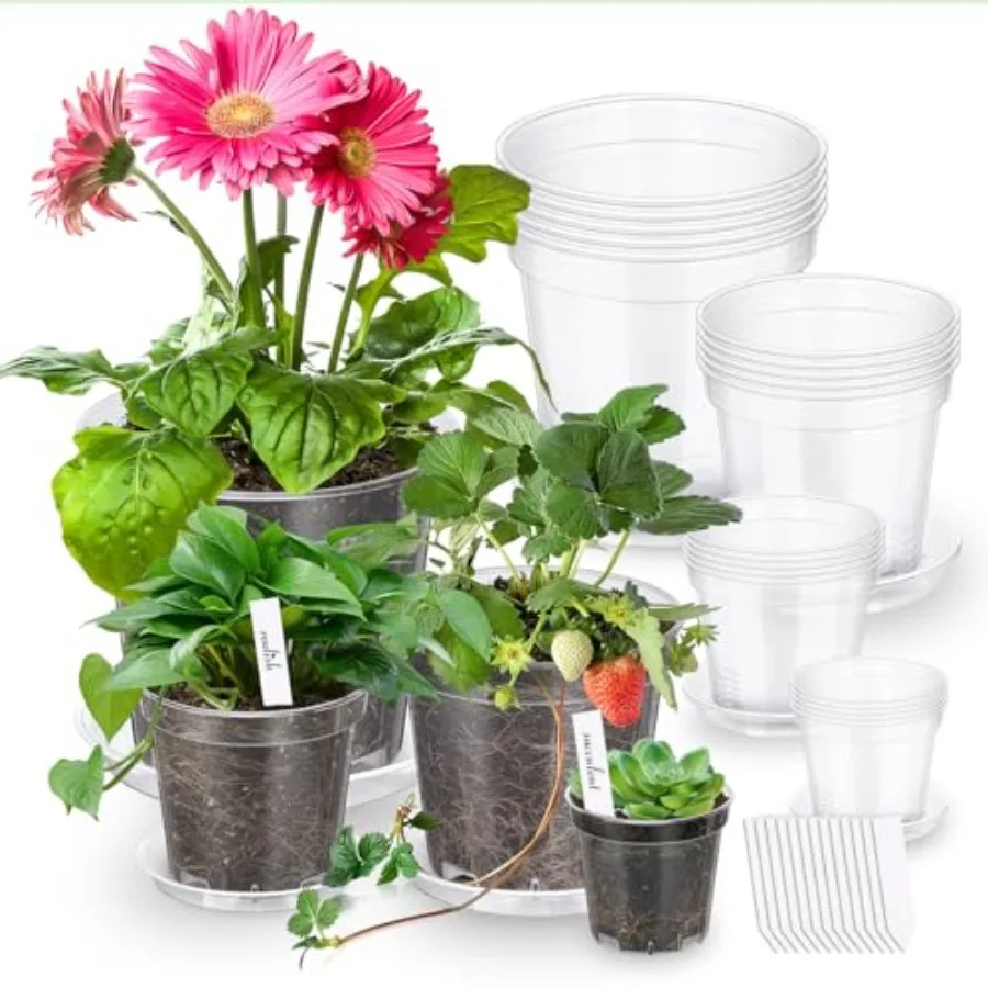 

20 Set 3 4 5 6.7Inch Reinforced Clear Nursery Pots with Drainage Holes Saucers Plant Labels Plastic Nursery Pot for Planting Tr