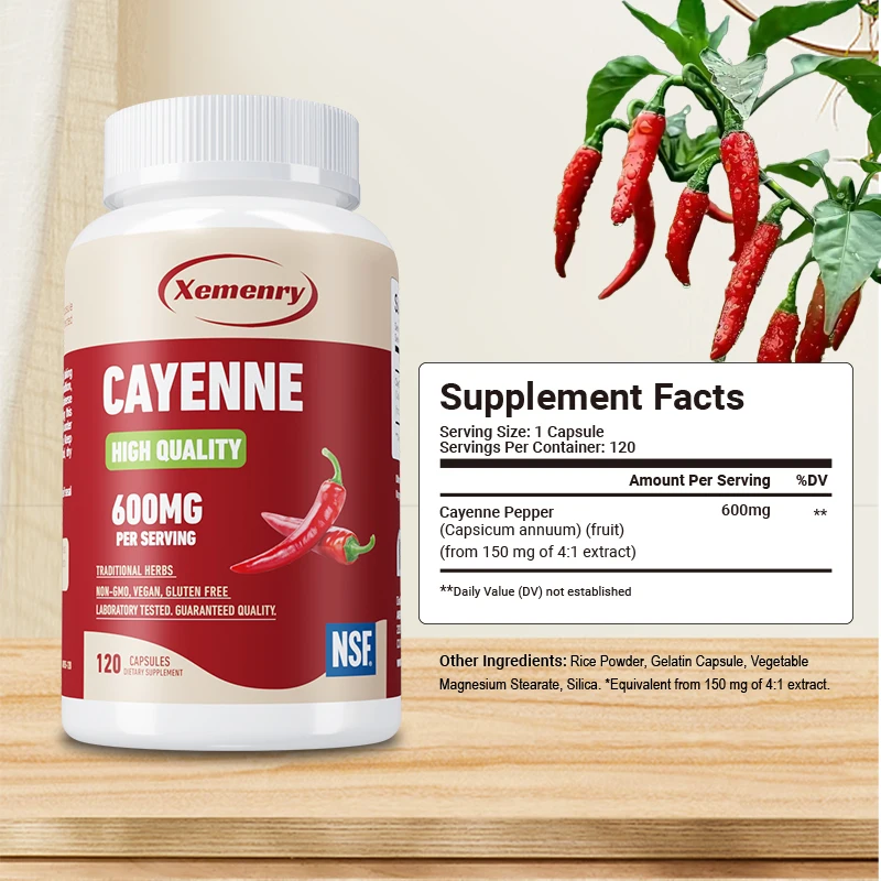 Cayenne Pepper Capsules 600mg - Supports Cardiovascular Health, Improves Digestion, and Blood Circulation