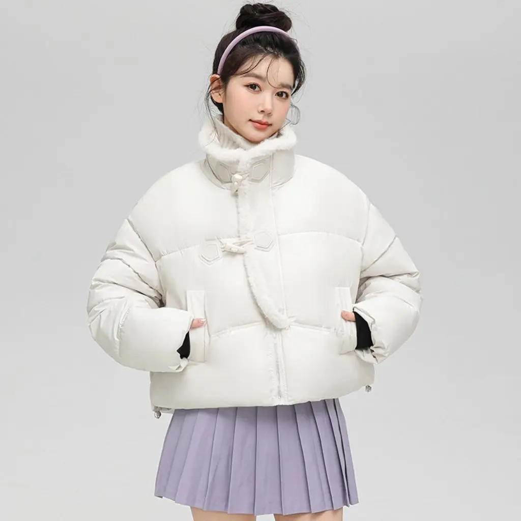 

Женское пуховое пальто с высоким воротником и хлопковой подкладкой, модная куртка с пряжкой в корейском стиле, европейско-американская зимняя утолщенная овечья кожа