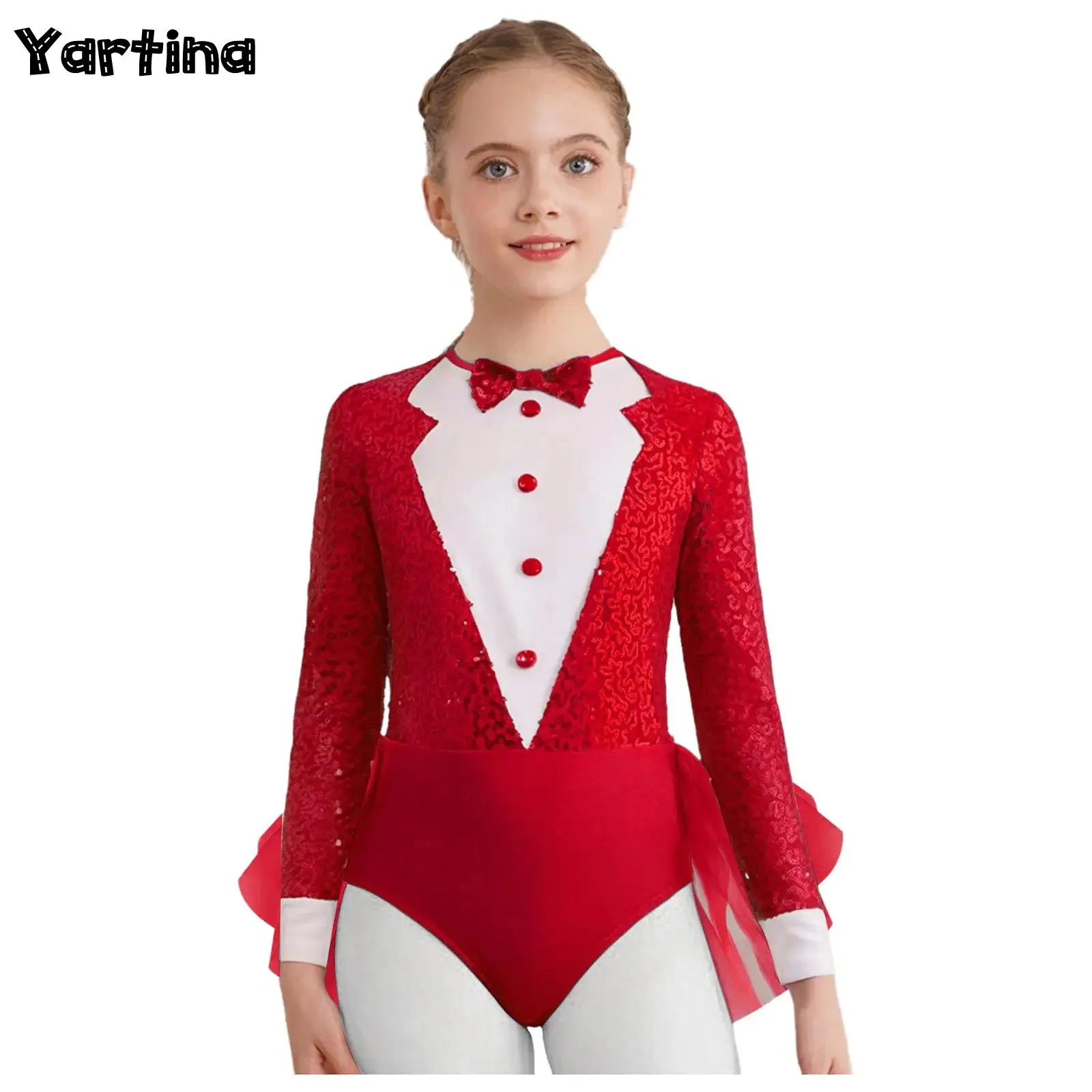 

Kids Girls Jazz Ballet Dance Costume Sparkly Sequins Bodice Tulle Skirted Leotard Dress Long Sleeve Invisible Zipper Bodysuit
