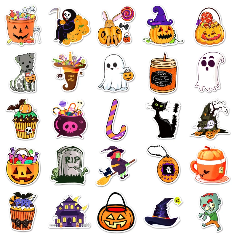 50/30/10PCS Popular Halloween Stickers Ghost Face Pumpkin Ghost Horror Cartoon Mobile Phone Case Decoration Waterproof Stickers