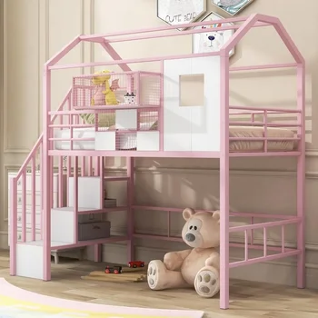Twin Size House Loft Bed with Stairs and Storage, with Storage Box and Safety Rail Heavy-Duty Metal Princess Loft Bed Frame