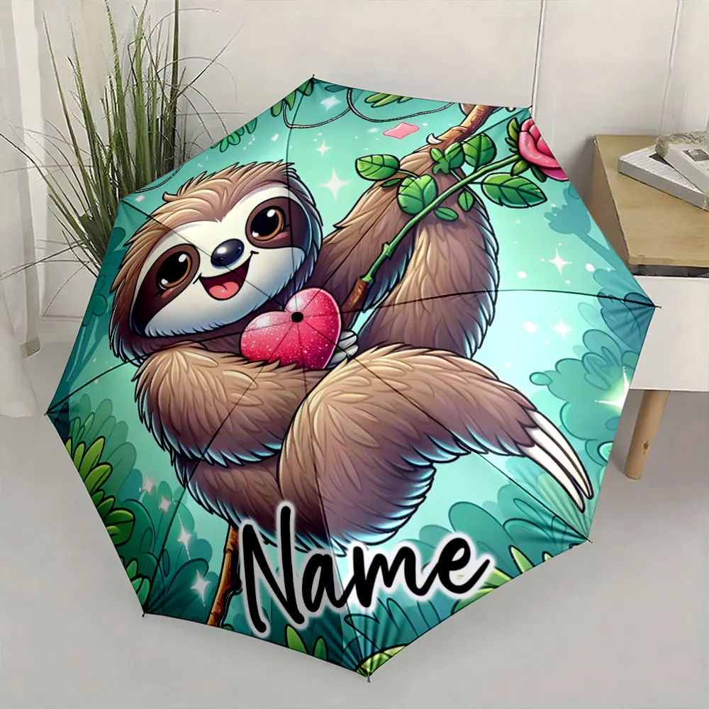 Custom Name  Charming Sloth Decorated Umbrella with Heart Design Print 8 Iron Ribs Folding Umbrella Auto-Open Fashion Sunshade