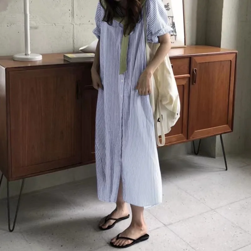 Cotton and Linen Striped Fashionable Casual Polo Collar with Five Quarter Sleeves Western-style Loose Long Cardigan Dress