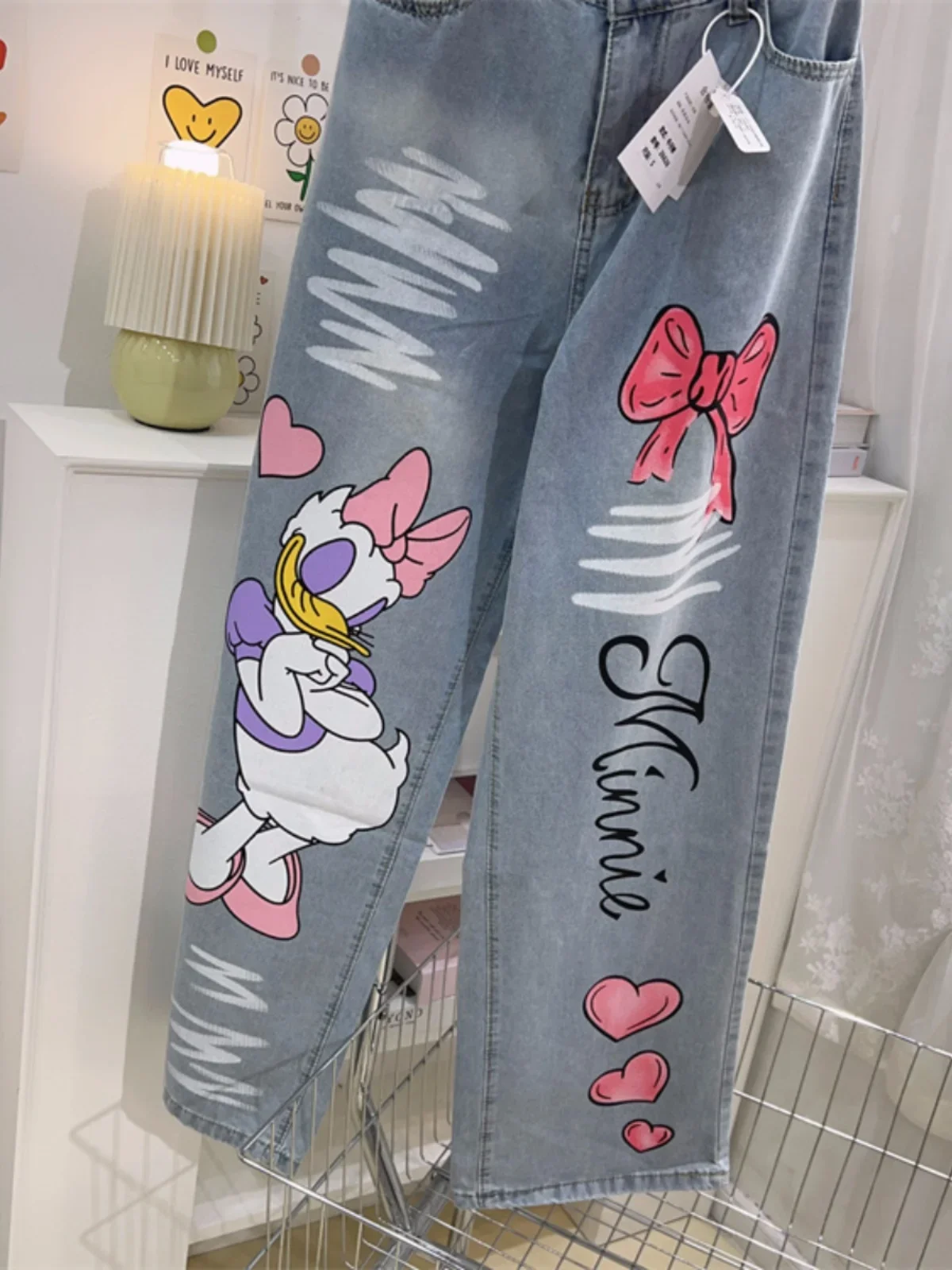 Cute Cartoon Printed Wide Leg Jeans for Women Spring Summer Loose Light Blue Straight Long Pants High Waist Jeans Female Student