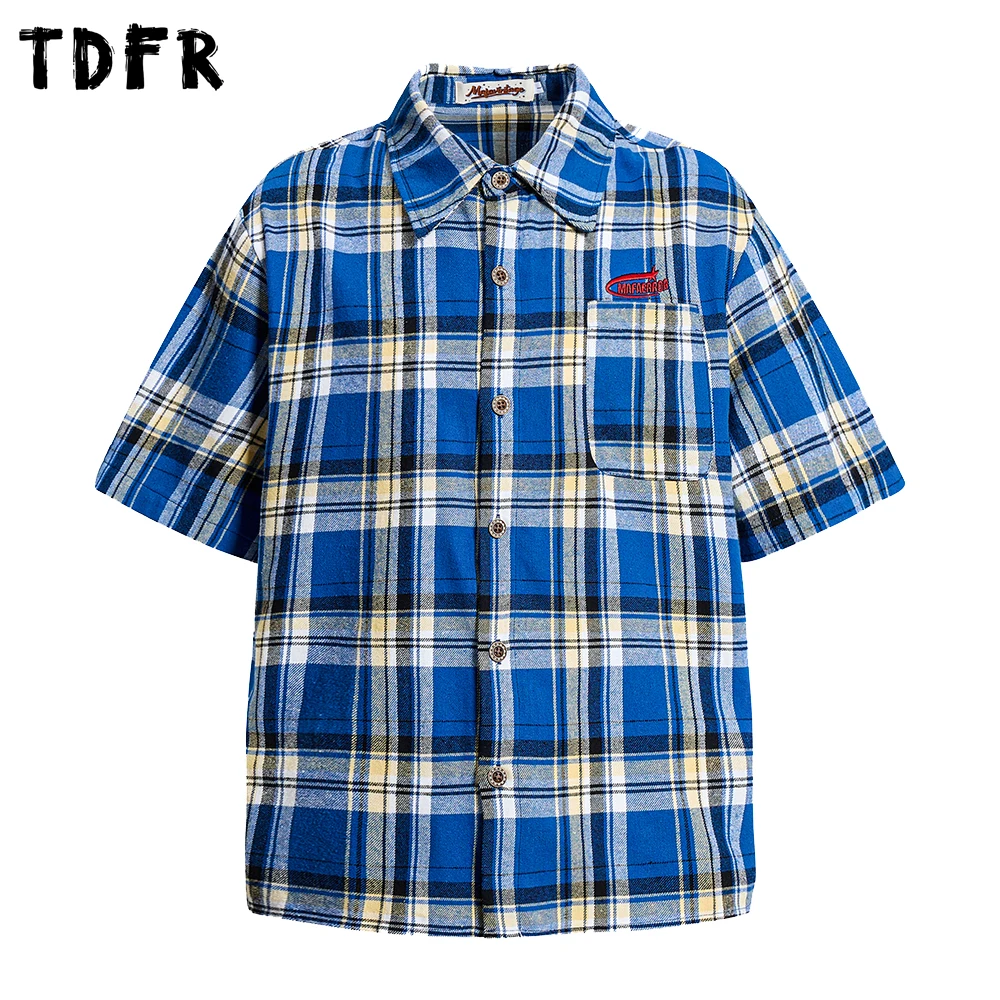 Pocket Embroidery Short Sleeve Checked Shirt Mens Summer Retro Casual Loose Single Breasted Lapel Half-Sleeve Cotton Shirts Man