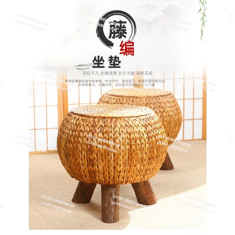 Rattan Handmade Rustic Round Footstool Household Multi functional Wooden 3 Leg Portable Wicker Ottoman Footrest Comfortable Gift