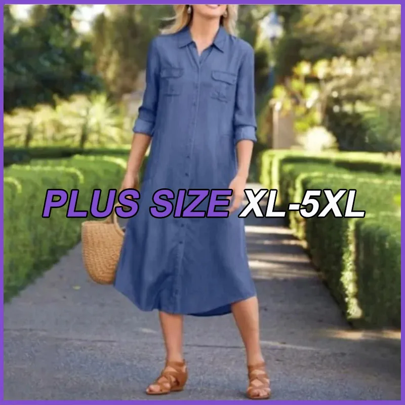 

Women's L-5XL Plus Size Oversized Casual Denim Pocket Loose Long Dress Elegant Lapel Short Sleeved Solid Color Large Size Casual