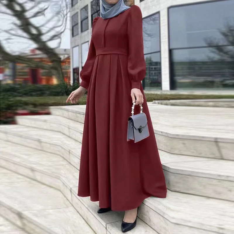 2025 New Abaya Dress For Women Puff Sleeve O-neck Red Green Color Hijab Sundress Elegant Style Kaftan Spring Turkey Dresses