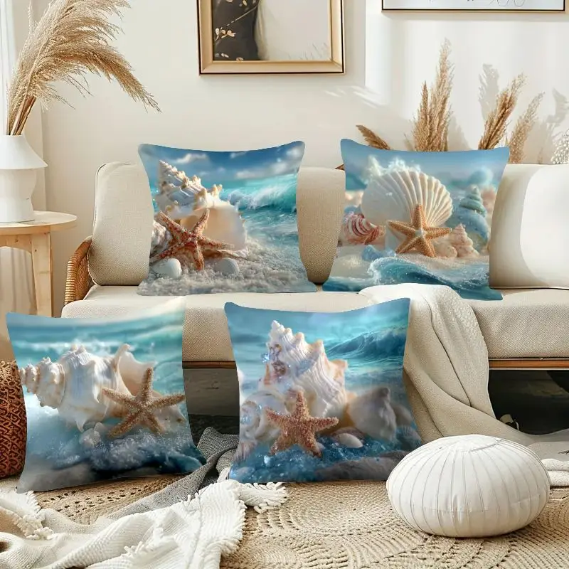 

4pcs Seashell Starfish Cushion Cover Ocean Beach Printed Pillow Case Polyester Home Decor Sofa Living Room Bedroom 2D Flat