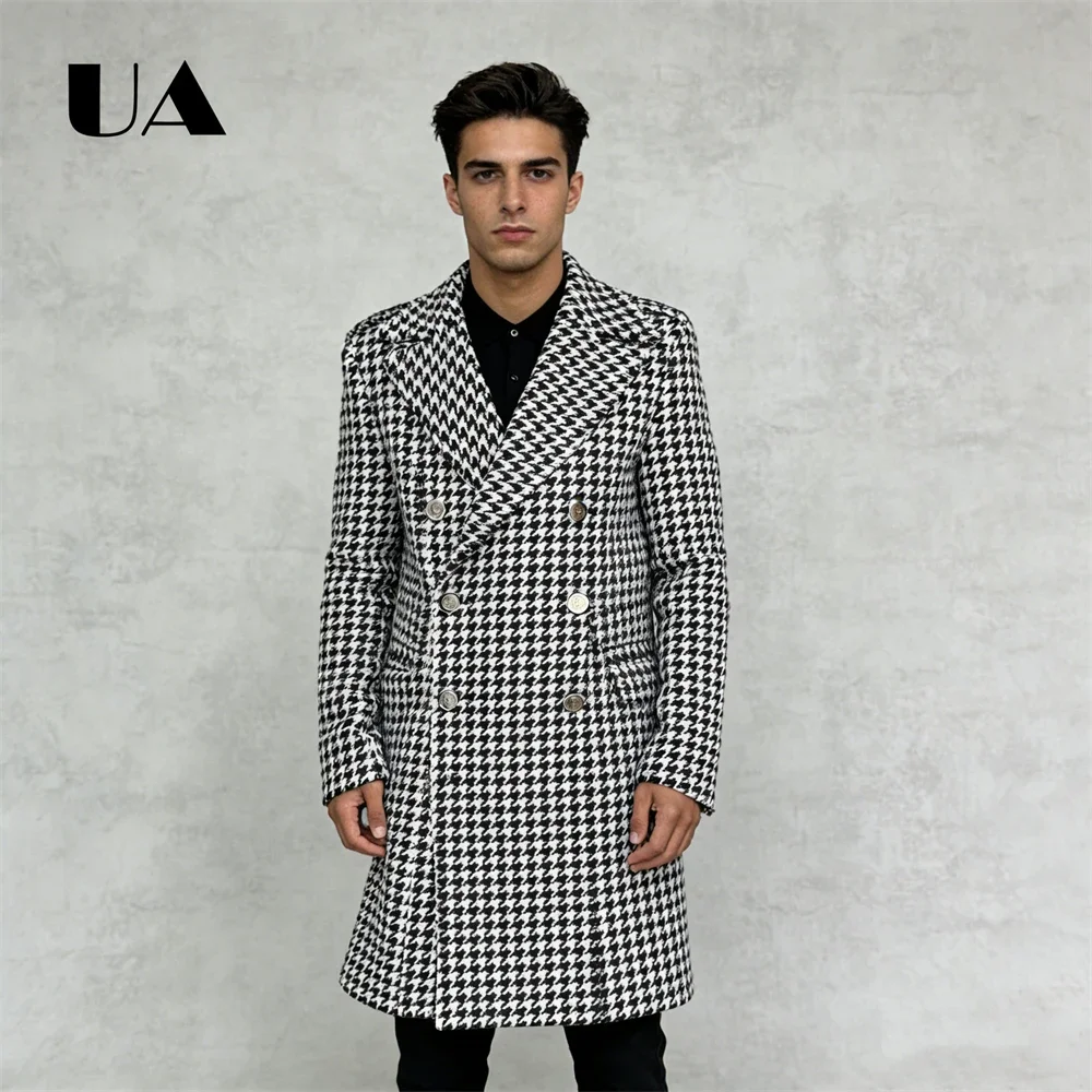 

Мужское шерстяное пальто ULBYANRY в клетку «гусиная лапка» XS-4XL, двубортный длинный пиджак, осенне-зимняя элегантная одежда для мужчин